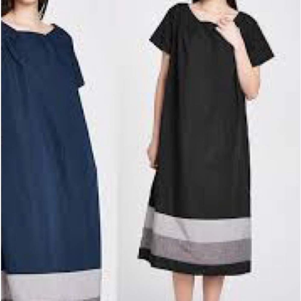 Boho Black Cotton Dress: Trapezoid Neck, Short Sleeve Tunic with Pockets